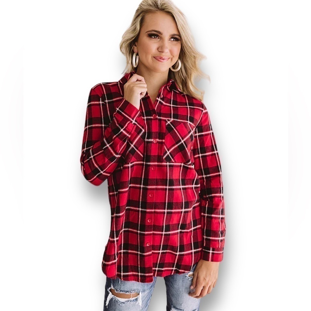 VINE & LOVE Flannel Tartan Plaid Cold Weather Shirt Women’s Large Rounded H…